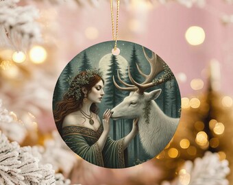 Celtic Yule Ornament: White Stag Pagan Forest Goddess Ceramic Decor