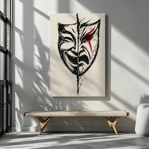 Comedy Tragedy Split Mask Canvas Wall Art Drama Theater Decor Ink Brush Poster Performing Arts Gift for Actor Greek Stage Emotions