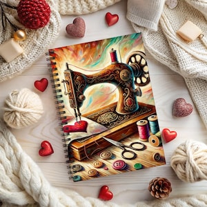 May include: A spiral-bound notebook featuring a colorful illustration of a vintage sewing machine. The image includes spools of thread, scissors, buttons, and heart-shaped decorations. The notebook is surrounded by yarn, decorative hearts, and other craft-related items.