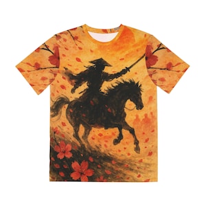 Samurai Warrior T-Shirt Sumi-e Horseback Rider Tee Japanese Ink Art Shirt Gift for Him Her Cherry Blossom Bushido Sunset Top