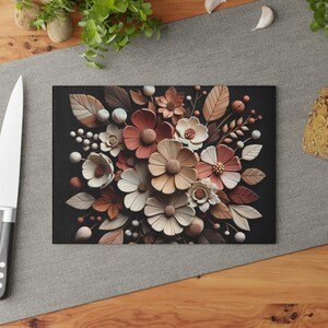Floral Glass Cutting Board, Fall Kitchen Decor, Rustic Botanical Art, Elegant Tempered Glass Serving Tray, Housewarming Gift for Her