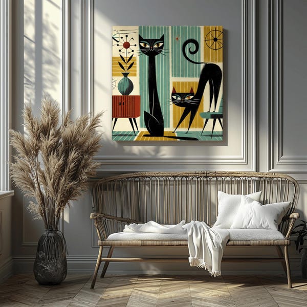 Mid Century Cat Canvas Wall Art Retro Black Cats Square Print Vintage Modern Decor for Living Room Kitchen or Gift for Cat Lover