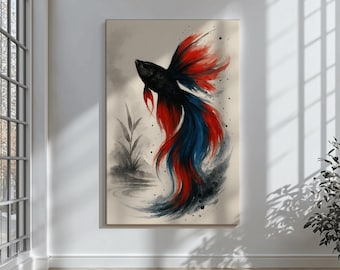 Betta Fish Watercolor Art Print | Red Blue Black Sumi-e Ink Style | Zen Wall Decor | Siamese Fighting Fish Gift | Aquatic Home Art Poster