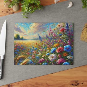 Wildflower Glass Cutting Board Floral Kitchen Decor Colorful Tempered Glass Nature Art Serving Tray, Cottagecore Gift, Flower Chopping Board