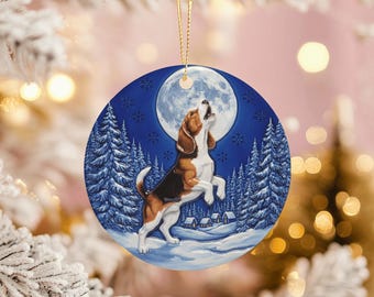 Adorno navideño de Beagle: Perro aullando, escena nocturna de invierno