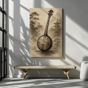 Banjo Wall Art Print Japanese Style Ink Banjo Poster Music Room Decor Musician Gift Rustic Instrument Art Bluegrass Lover Gift