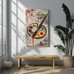 Sumi-e Artist Palette Canvas Print: Japanese Ink Art, Cherry Blossom Decor