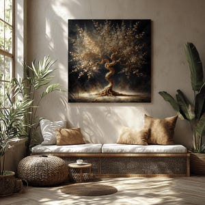 Golden Tree of Life Canvas Art: Shimmering Abstract Nature Print
