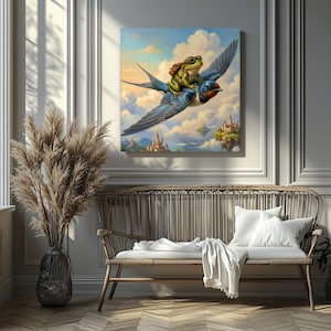 May include: A whimsical art print depicts a frog wearing goggles and a backpack riding on the back of a blue swallow. The background features a cloudy sky with floating castles. The artwork is displayed above a wicker bench.