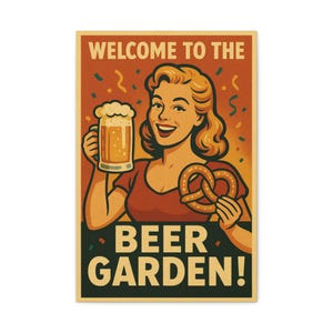 Beer Garden Poster Retro Wall Art for Bar Pub Brewery Funny Beer Sign Pretzel Girl Oktoberfest Decor Gift for Beer Lovers