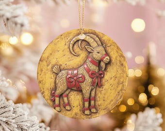Yule Goat Christmas Ornament, Nordic Straw Julbock with Red Ribbon