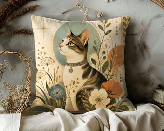 May include: Square throw pillow featuring a vintage illustration of a cat with a patterned coat, wearing a collar with a pendant. The cat is surrounded by floral elements in shades of blue, orange, and cream, set against a light background.