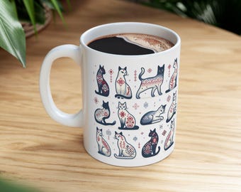 Taza de café con gatos bordados en Ucrania, arte popular, cerámica eslava, regalo para amantes de los animales étnicos, 325 ml