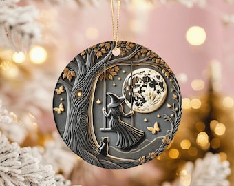 Witch on Swing Ceramic Ornament: Halloween Yule Decor