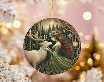 Décoration de Noël celtique : femme de la forêt et cerf blanc, décor du solstice païen