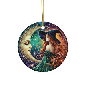 Ornamento della strega celeste / Decorazione della dea della luna / Arte della strega fantasy / Ornamento natalizio wiccan / Regalo pagano della fase lunare / Stampato su ceramica