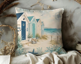 Beach Hut Pillow Case  | Coastal Cabana Ocean Sailboat Throw Pillow Cover | Nautical Beach House Decor