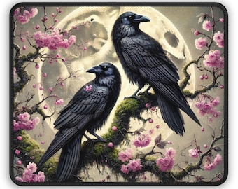 Gothic Crow Mouse Pad with Cherry Blossoms and Full Moon Raven Desk Mat Gift, Dark Aesthetic Office Decor, Crow Lover Gift for Her