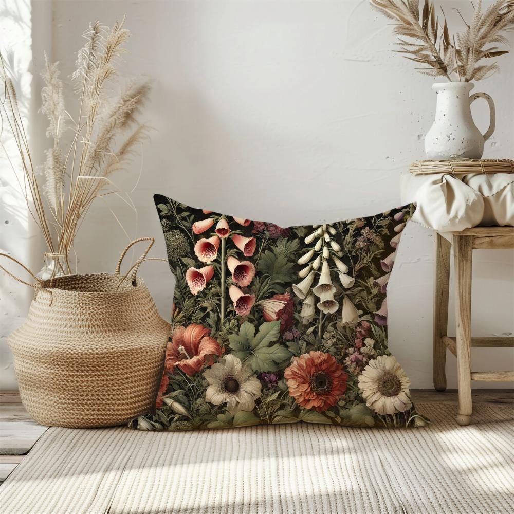 Botanical Foxglove Pillow Cover, Dark Academia Gothic Cottagecore