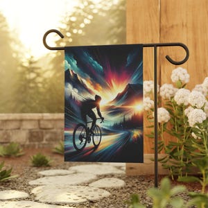 Cyclist Garden Flag: Mountain Sunset Ride, Outdoor Biker Decor (12x18 Double Sided)