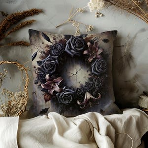 Gothic Black Rose Pillow Cover: Moody Floral Accent Cushion