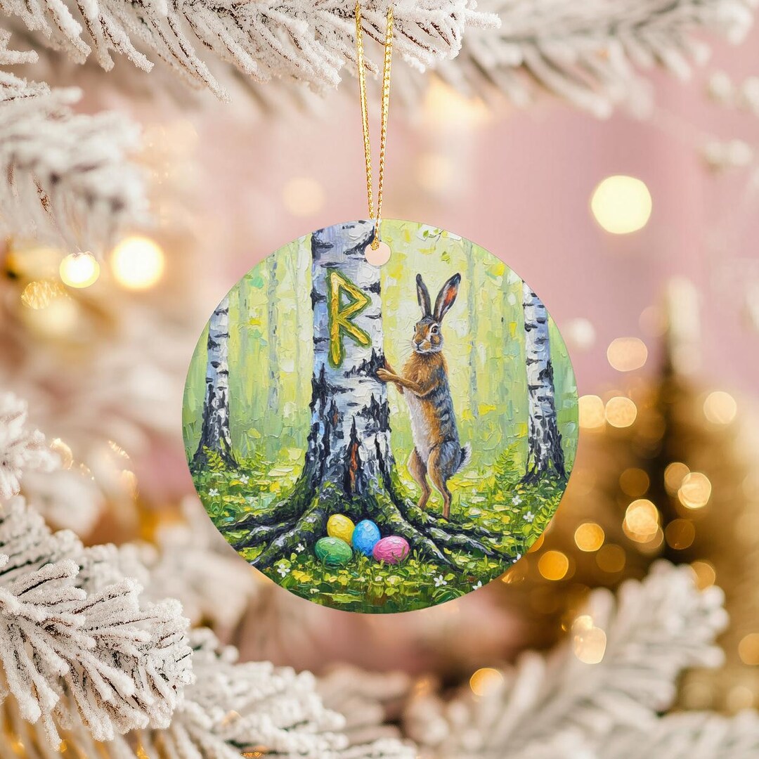 Easter Runes Ostara Hare Ornament | Raido Rune Birch Art | Spring Equinox Decor ...
