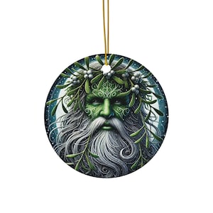 Green Man Ornament Printed on Ceramic | Winter Solstice Yule Decor | Mistletoe Pagan Forest Spirit Art | Wiccan Christmas Gift