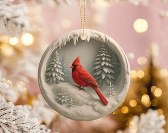 Ornement cardinal : oiseau rouge en céramique, décoration de Noël forêt hivernale