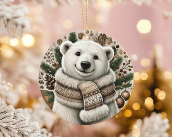 Polar Bear Christmas Ornament: Ceramic Winter Holiday Decoration