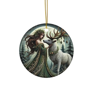 Mystical Pagan Yule Ornament White Deer and Forest Woman Ceramic Ornament, Celtic Winter Solstice Decor, Gift for Her, Witchy Ornament