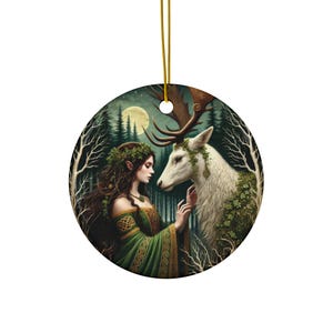Celtic Yule Ornament with Forest Woman and White Stag | Pagan Solstice Tree Ornament | Witchy Winter Decor | Woodland Magic Ornament