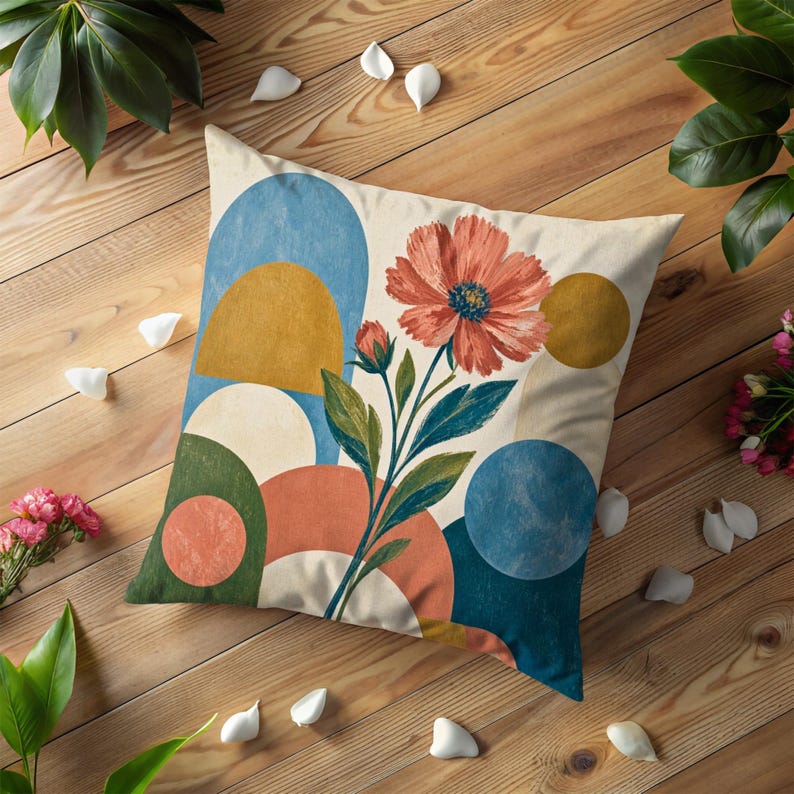 Pink Cosmos Geometric Pillow Cover | Modern Botanical Art | Abstract ...