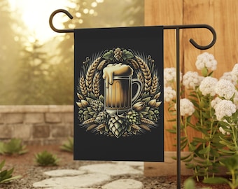 Bandera rústica para cervecería: corona de lúpulo y cebada, decoración exterior de doble cara