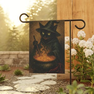 Witch Cat Garden Flag Halloween Black Cat Stirring Cauldron Spooky Cute Decor Magic Potion Banner Gothic Kitty Yard Sign Fall Outdoor Art