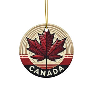 Retro Canada Maple Leaf Ornament Canadian Pride Holiday Decor, Travel Keepsake Gift, Rustic Souvenir | Printed on Ceramic