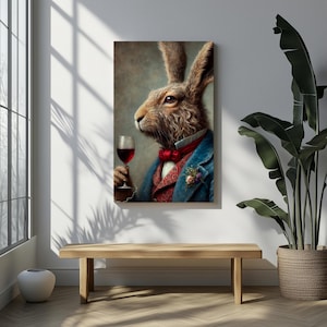 Gediegene Kaninchen-Wand-Kunst-viktorianischer Hasen-Druck-Tierporträt-Wein-Liebhaber-Dekor-wunderliches Waldgeschenk für Ihn oder Gentlemen Bibliothek