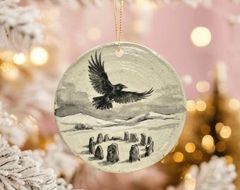 Raven and Stone Circle Christmas Ornament, Pagan Yule Decor