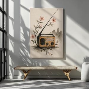 Vintage Radio Canvas Print: Japanese Ink Cherry Blossoms Wall Art
