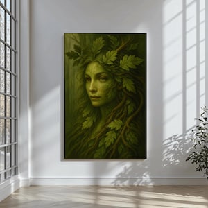 Green Woman Portrait Wall Art | Forest Spirit Pagan Goddess Print | Celtic Nature Witch Decor, Earth Mother Druid Gift, Oak Leaf Mystic