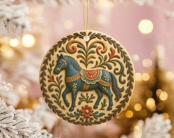 Julgransprydnad i keramik, nordisk folkkonst, häst, blommig, skandinavisk, högtidsdekoration