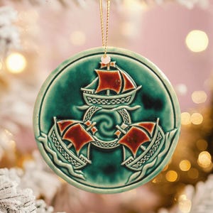 Celtic Viking Ship Ornament, Green & Red Nautical Christmas Decor