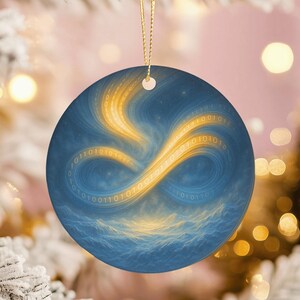 May include: Round Christmas ornament with a blue and gold abstract design. The ornament features a swirling pattern with binary code elements. A gold string is attached for hanging. The background is blurred with Christmas lights.