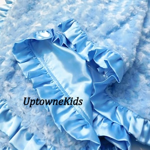 Blue Minky and satin Swirl Blanket Personalized Monogram Satin band or ruffle