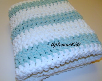 Crochet Blanket Aqua/Seafoam and white afghan throw soft and chunky 48" X 40"
