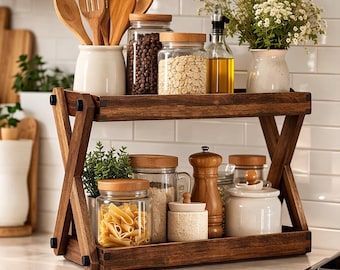 Modern  kitchen counter rack 2-Tier Wooden Countertop Shelf Organizer | X-Frame Spice Rack & Pantry Storage
