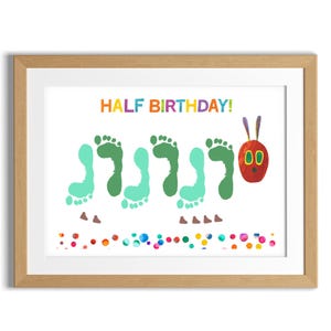 La chenille qui a très faim / création artistique main/empreinte de pas / bébé / souvenir, activité de fête d'anniversaire de moitié 6 mois / carte à faire soi-même