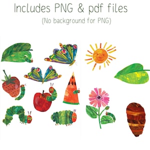 May include: Colorful illustrations of a butterfly, caterpillar, sun, leaves, strawberry, apple, watermelon, flower, and a chrysalis. The image includes the text "Includes PNG & pdf files (No background for PNG)".