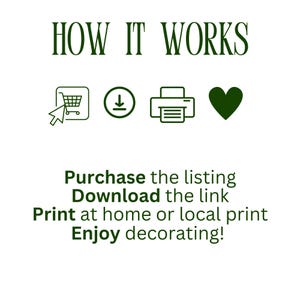 May include: White graphic with the text "HOW IT WORKS" in dark green. Below are icons of a shopping cart, a download arrow, a printer, and a heart. The text below the icons reads: Purchase the listing, Download the link, Print at home or local print, Enjoy decorating!