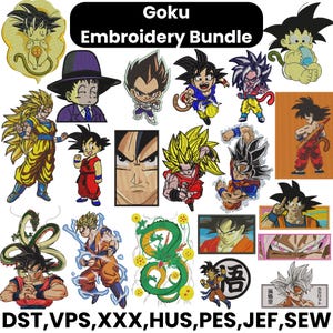 Può includere: Una collezione di ricami di Goku in varie pose e stili. I disegni includono personaggi con capelli gialli a spillo, in pose d'azione e con un drago. Il testo "Goku Embroidery Bundle" è in alto.