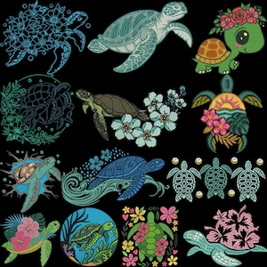 Può includere: Una collezione di ricami di tartarughe marine in vari stili. Le tartarughe sono raffigurate in tonalità di verde, blu e marrone, con accenti floreali. Alcuni disegni presentano uno stile a cartone animato, altri sono più dettagliati.